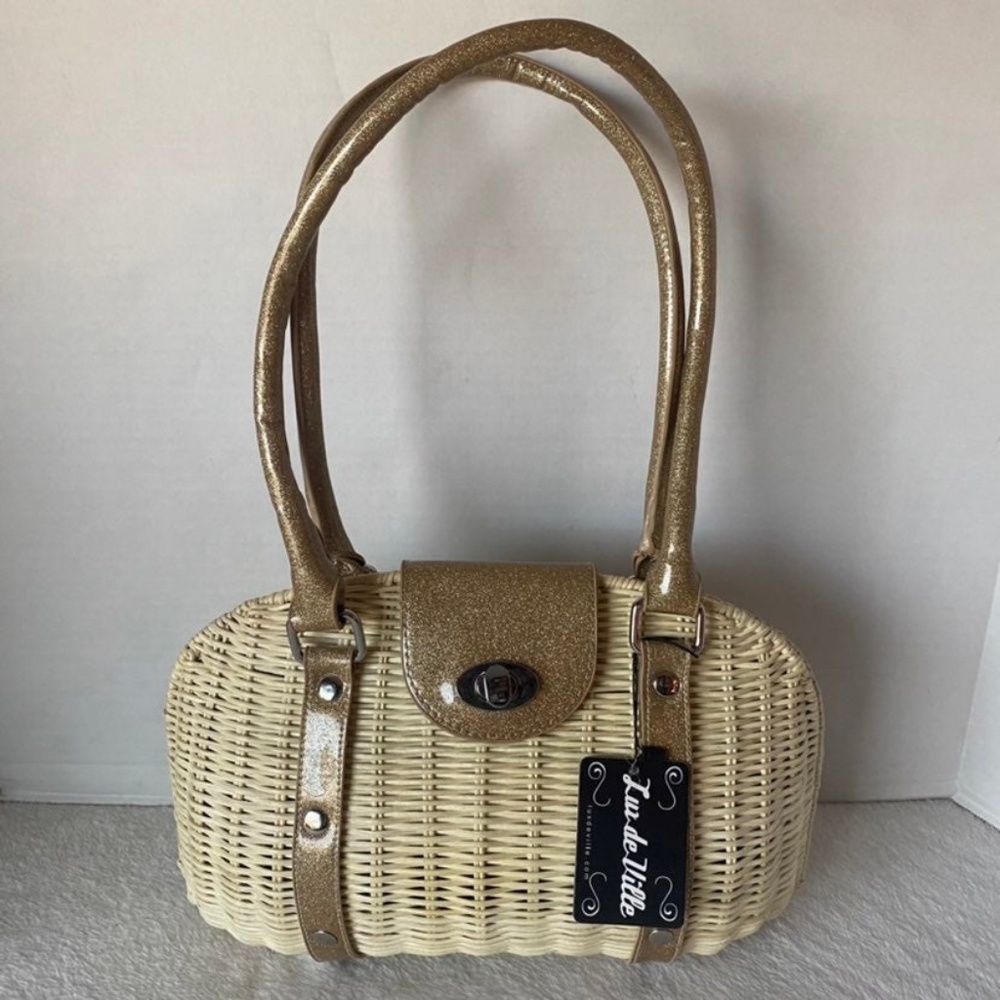 Lux De Ville Romeo Tote Straw Satchel Handbag Tan Shiny Glitter Faux Leather NEW